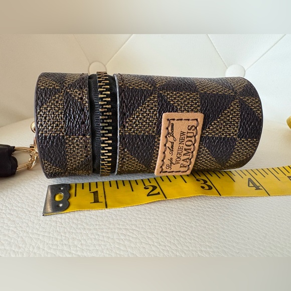Fashion Print Mini Zip Barrel Purse Keychain Charm Brown Black Mini Scarf Accent - Picture 6 of 8